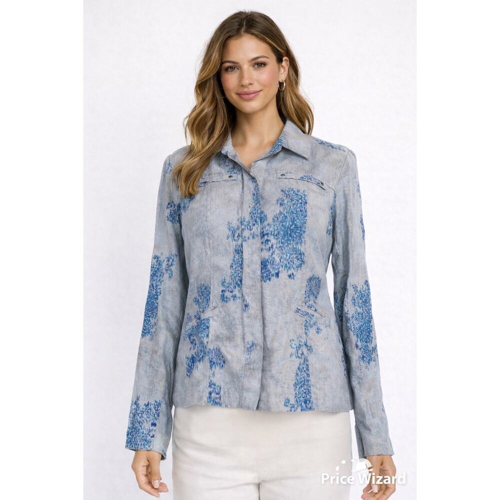 Coldwater Creek Linen Button Front Jacket Womens 10 Blue Floral